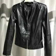 Черный Высокий воротник на молнии пикантные Малый кожаные куртки Мода Досуг Личность Простой для женщин PU кожаные куртки евро