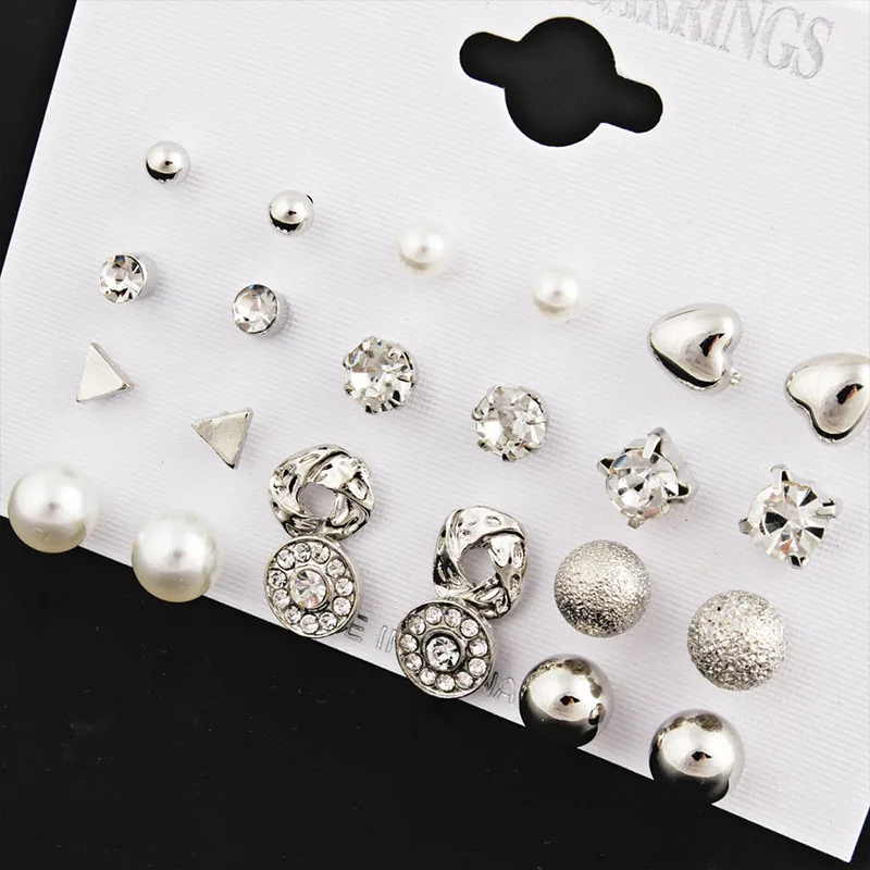 Korean Style Women Earrings 12 Pair/Set Cute Heart/Round Shape Stud Earrings Beautiful Jewelry