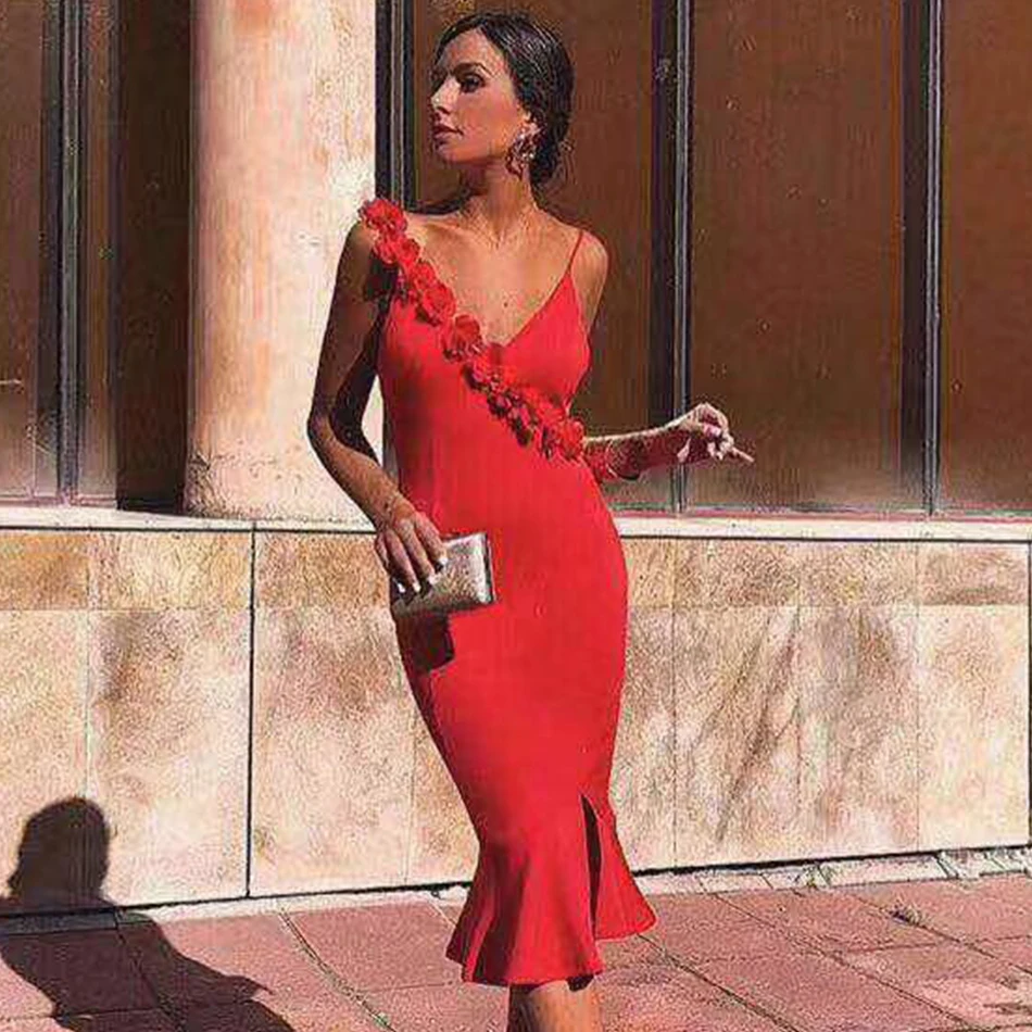 New Summer Celebrity Party Bandage Dress Red Spaghetti Strap V-Neck Women Appliques Sexy NightClub Mermaid | Женская одежда