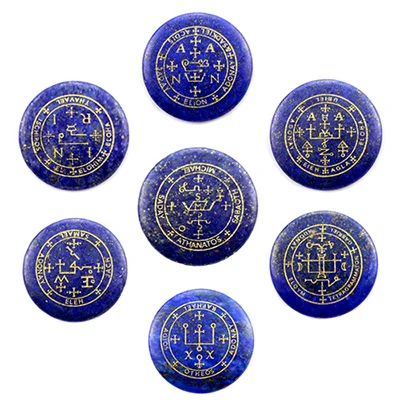 Набор из 7 натуральных камней амулет маятник рейки целебные камни Выгравированные семь символиков Архангела призовите магический круг - Окраска металла: Голубой с покрытием из белого цинка