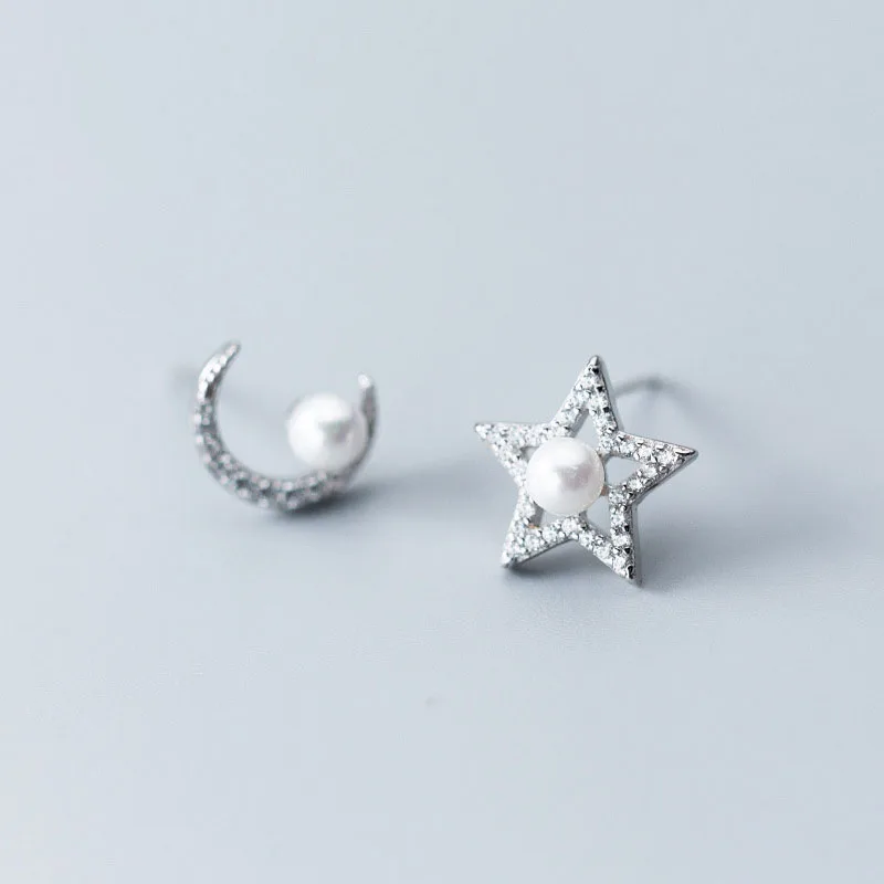 

Asymmetric Hollow CZ Crescent Moon Star Shell Pearl 925 Silver Studs Earrings