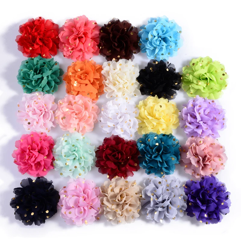 

50PCS 10CM New Big Chiffon Flower with Gold Dot For Hair Clips Hairpins Fabric Flowers for Girls Hair Accessories