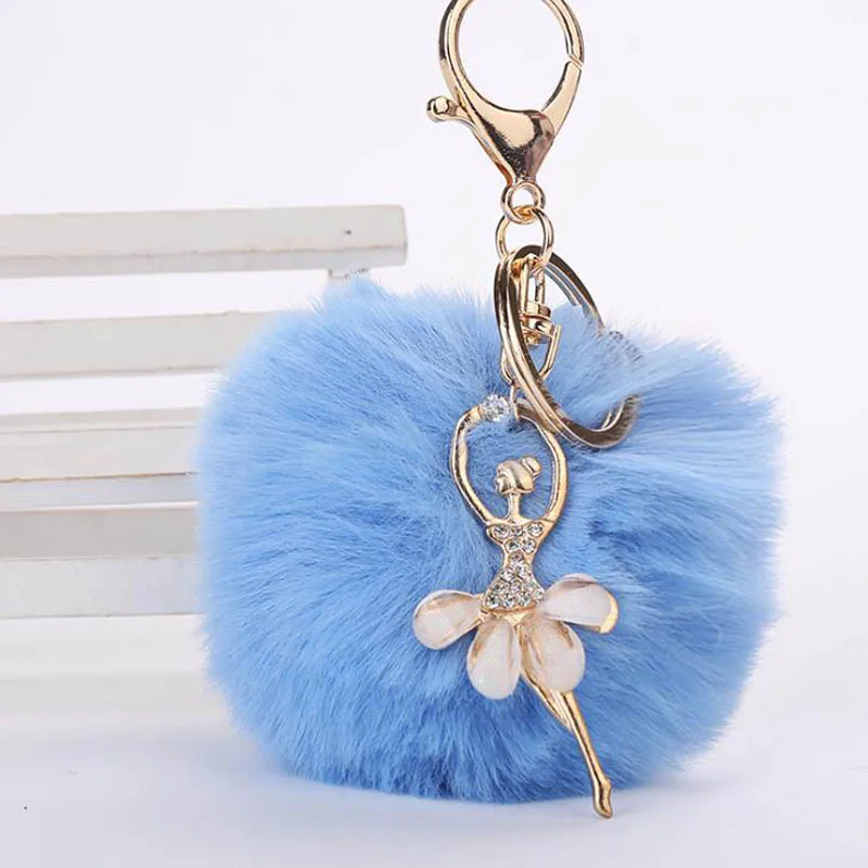 Милый танцевальный брелок с изображением ангела, Подвеска для женщин, брелок для ключей, пушистые поддельные помпоны, брелки, подарки для сумок, аксессуары - Цвет: blue