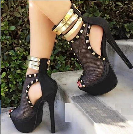

Novel rivet decoration elegant black mesh cloth zipper 16 cm high-heeled sandals, women's shoes in summer. Size: 35-43