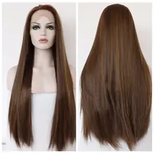 Fashion Straight Ombre Dark Brown Synthetic Lace Front Wig Glueless Two Tone Heat Resistant Hair Coffee Women Natural Wigs