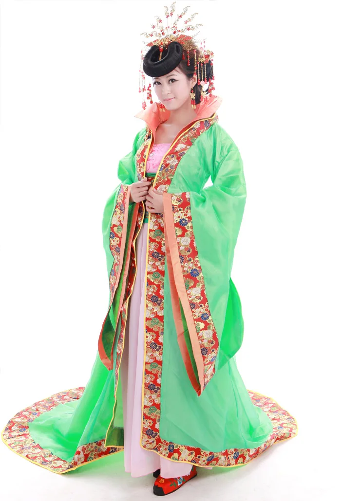 Древняя китайская одежда костюм династии Тан поезд костюм для выступлений Женская Принцесса Королева высокий стоячий воротник - Цвет: green