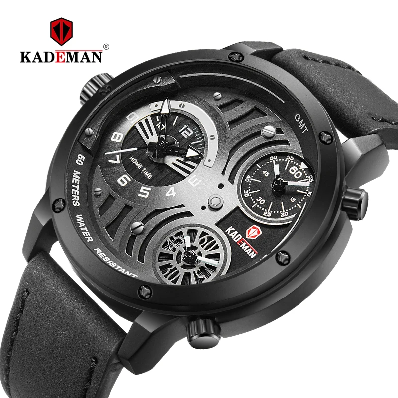 

Big Dial KADEMAN Men's Watches 3 Time Zone Unique Casual Business Luxury Brand Clock Waterproof Leather Relogio Masculino KD696