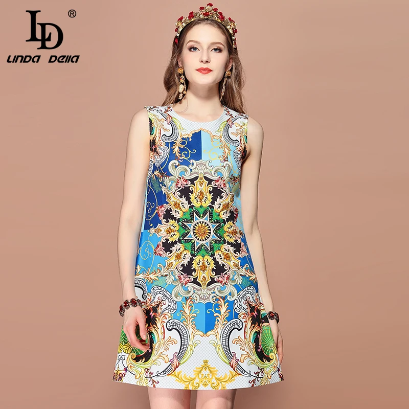 

LD LINDA DELLA Fashion Runway Summer Dress Women's Sleeveless Gorgeous Print Crystal Beading Mini Elegant Vintage Dress