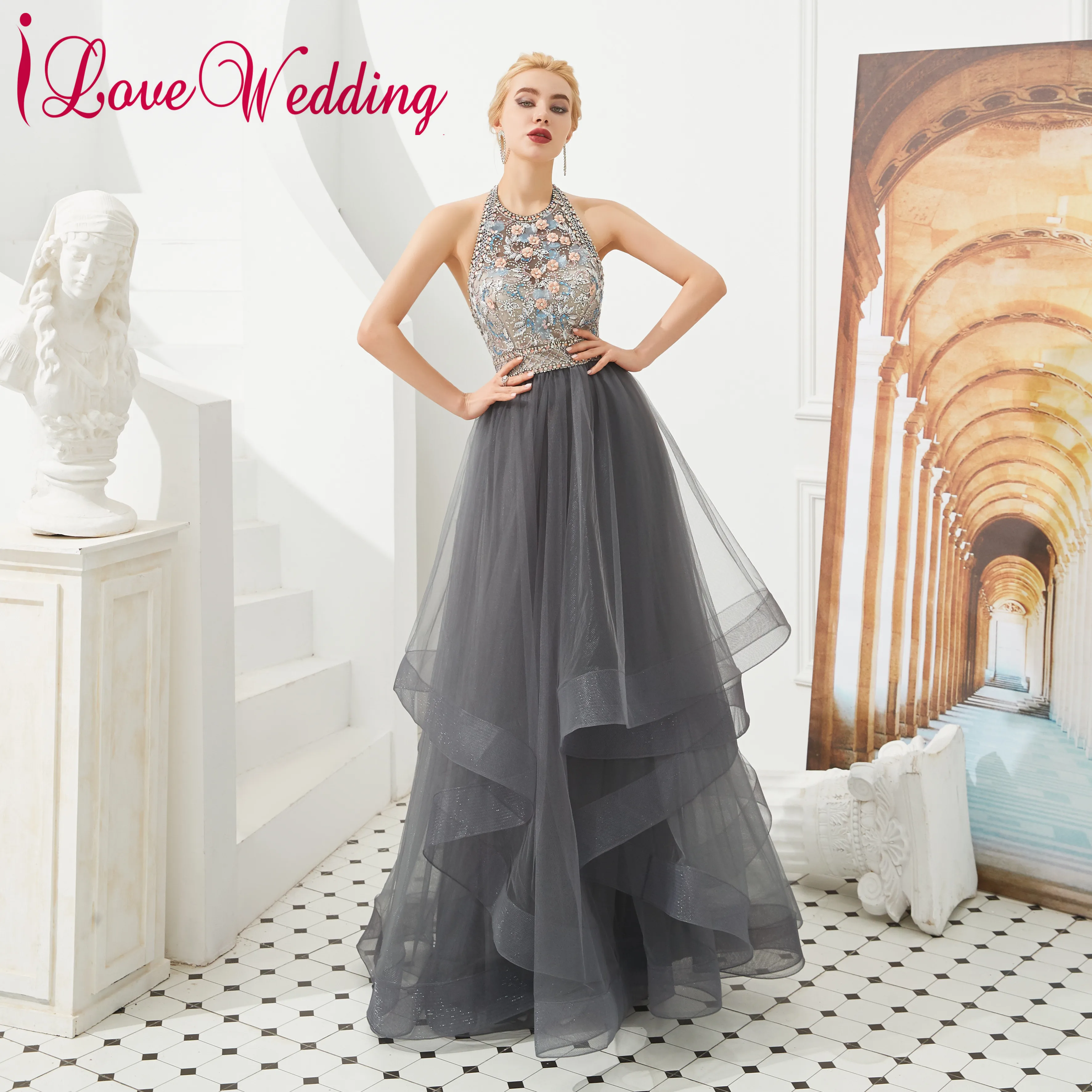 

Robe de soiree 2019 Formal Dresses Halter Delicate Beaded Evening Dresses Long Open Back A Line Grey Tulle Evening Gown