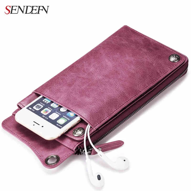 

Wallet Female SENDEFN Genuine Leather Women Wallet First Layer of Cowhide Ultra-thin Lady Clutch Zipper Phone Pocket Purse