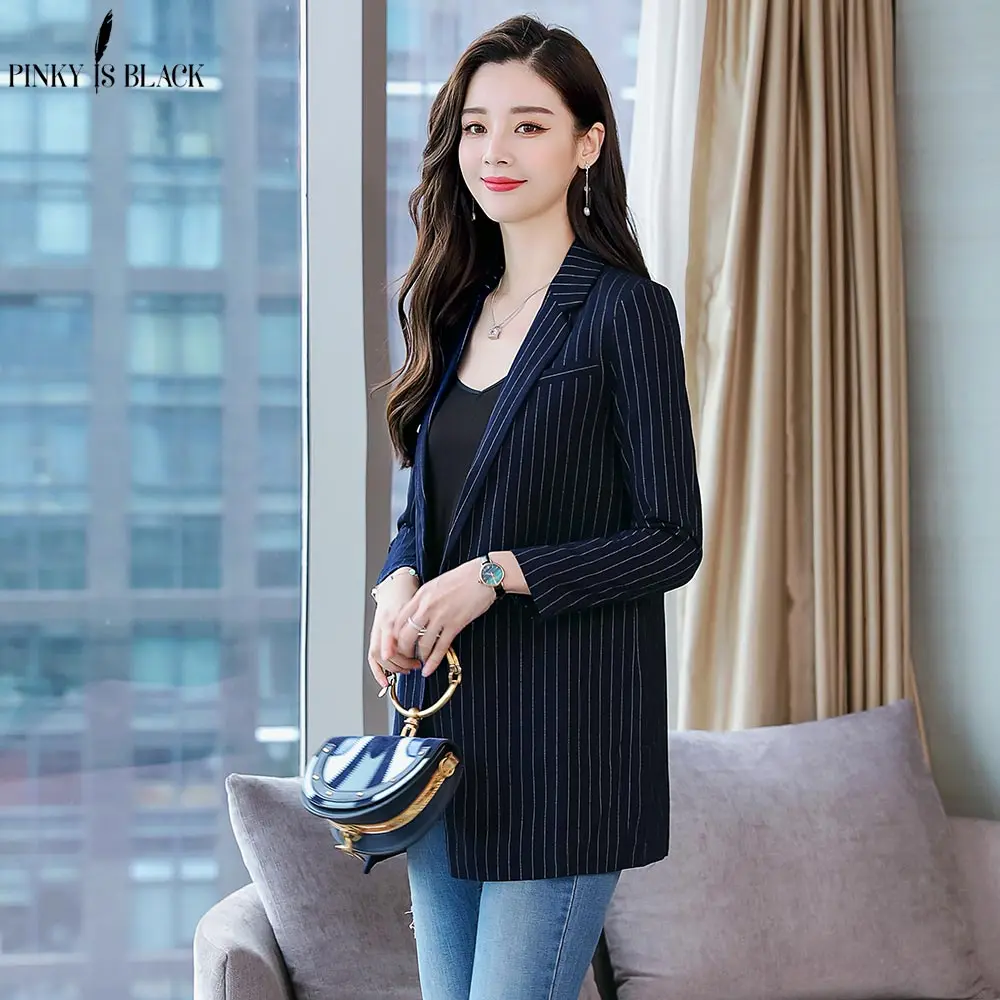 PinkyIsBlack Single Button Women Blazer Spring Pocket Jacket Female Retro Striped Suit Coat Work Feminino Outerwear High Quality