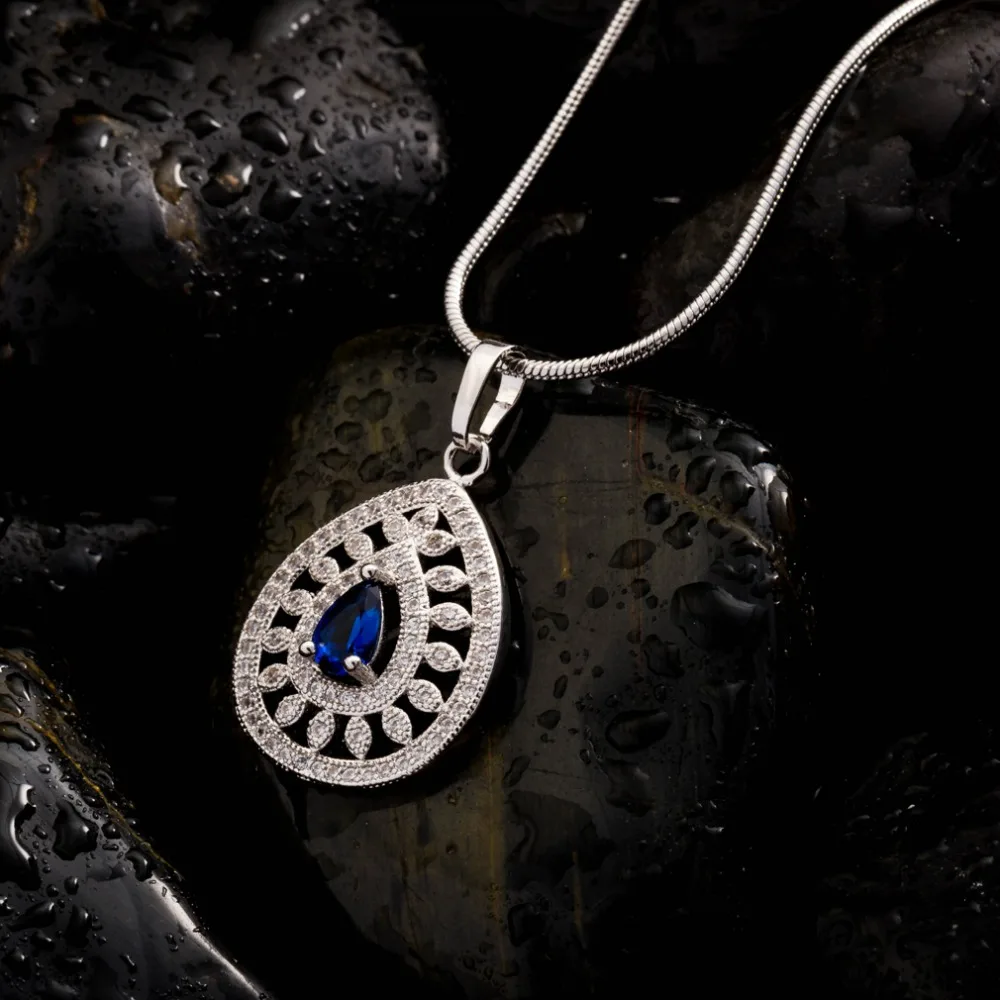 

Fashion Trendy Multi Layer Silver Metal Pendant Necklace Women Blue Zircon Drop Shape Beads Pendants Bohemian Necklace Bijoux