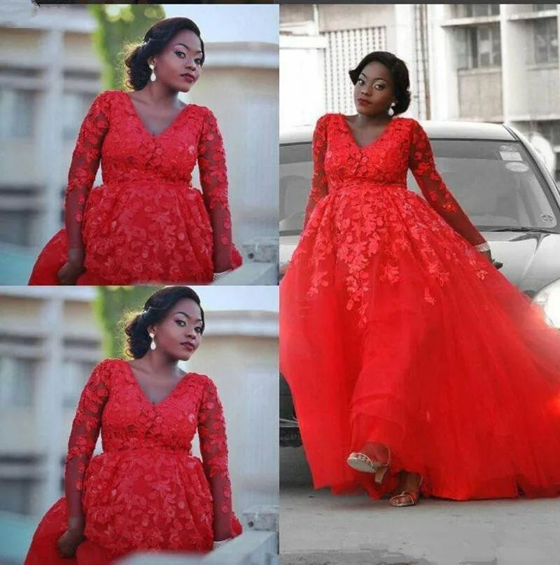 2020 Red A Line Wedding Dresses 3D Floral Lace Applique Floor Length Tulle Long Sleeves African Plus Size bridal Gown | Свадьбы и
