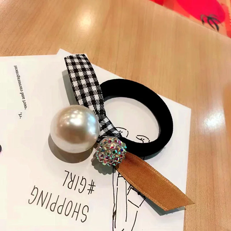 Houndstooth cloth bow hair rope color diamond pearl hair ring thick rubber band ponytail ties fashion hair accessories for women