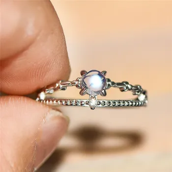 

Cute Female Small Moonstone Ring Real 925 Sterling Silver Wedding Bands Leaf Adjustable Ring Promise Engagement Rings For Women