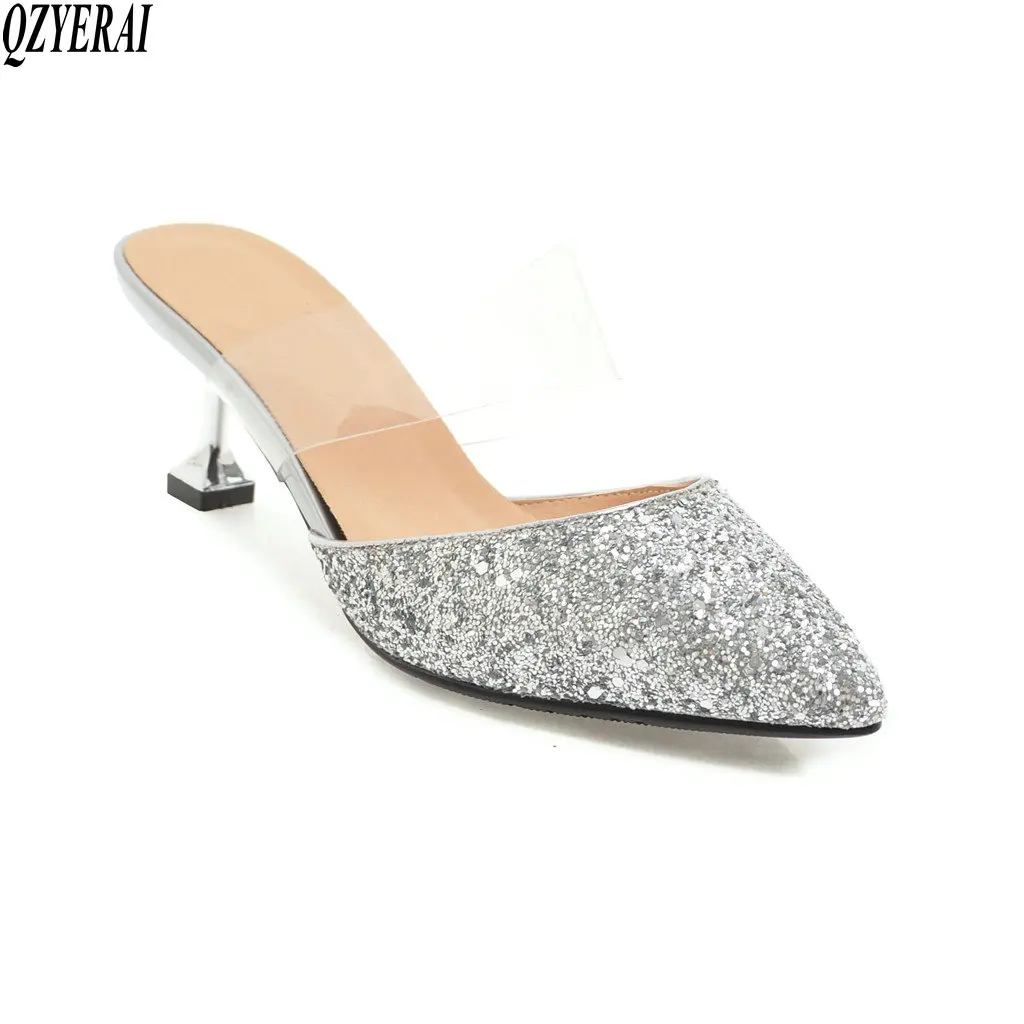 

QZYERAI 2018 new slippers metal flash slippers party sexy women's shoes women's shoes European American casual style size 32-43