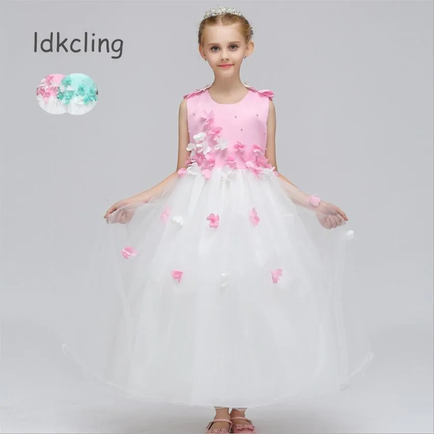 Flowers Girl Dresses Summer Elegant Wedding Silk Dress for Children Toddler Kids Floral Tutu