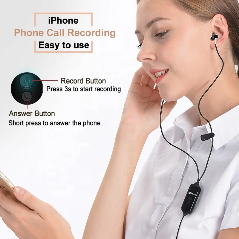 

New Cellular Phone Call Recorder Earphone Headset for iPhone Skype WeChat Facebook WhatsApp Voice Call Recording with Free APP