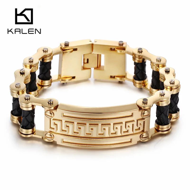 Kalen Retro Dubai Gold Color Bike Chain Bracelet Bangle Stainless Steel Leather Link Chain Motorcycle Chain