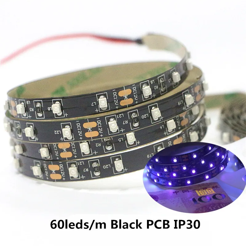 DC12V 3528 SMD led фиолетовый ультрафиолетовый УФ 395-405nm гибкий Светодиодные ленты черный светящаяся лента лампа+ 12 V адаптер питания+ диммер