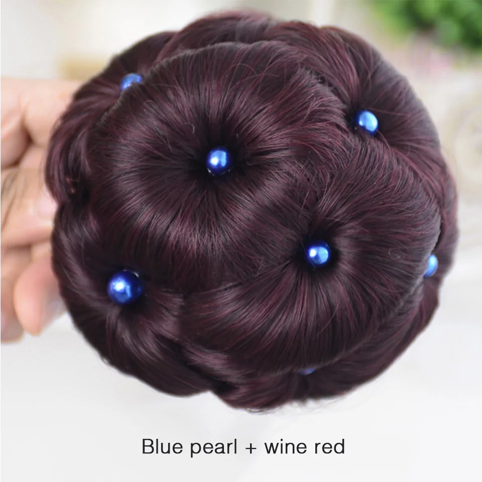 DIFEI волос для женщин жемчуг кудрявый шиньон волос булочка пончик клип в шиньон синтетический высокая температура волокно шиньон - Цвет: Blue wine red