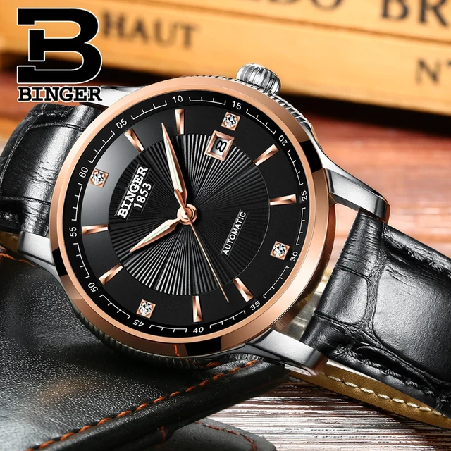 Business Men Elegant Dress Watches Automatic Real Leather Strap Wrist