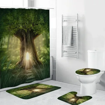

Bathroom Set With Shower Curtain 4PCS Non Slip Toilet Polyester Cover Mat Set Bathroom Shower Curtain Duschvorhang