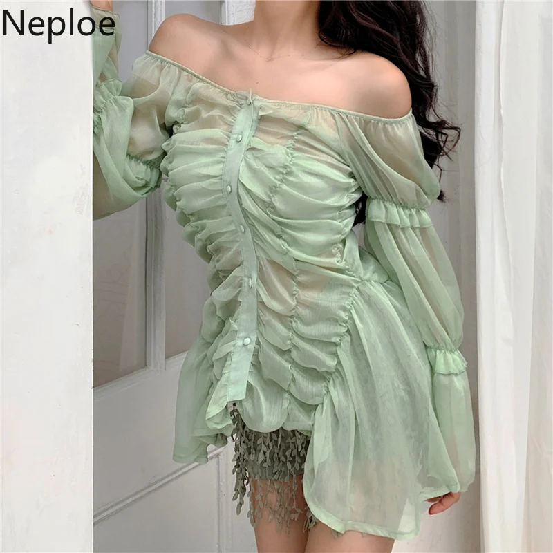 Nepleo шифоновые женские блузки лето 2019 сексуальные Slash шеи фонарь рукав Blusa