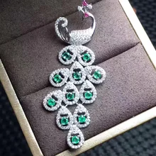 natural green emerald gem pendant S925 silver Natural gemstone Pendant Necklace trendy Personality peacock lady party jewelry