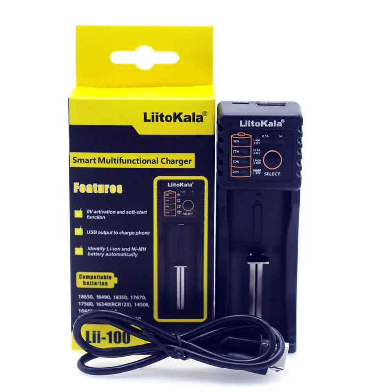 Liitokala 18650 зарядное устройство Lii402 Lii202 Lii100 LiiS1 1,2 в 3,7 в 3,2 в AA/AAA 26650 умное зарядное устройство NiMH Li-Ion EU Plug - Цвет: Lii100 And USB Cable