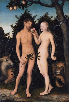 

Good quality canvas printed portrait oil painting of famous classic art Adam and Eve for home decor free shipping