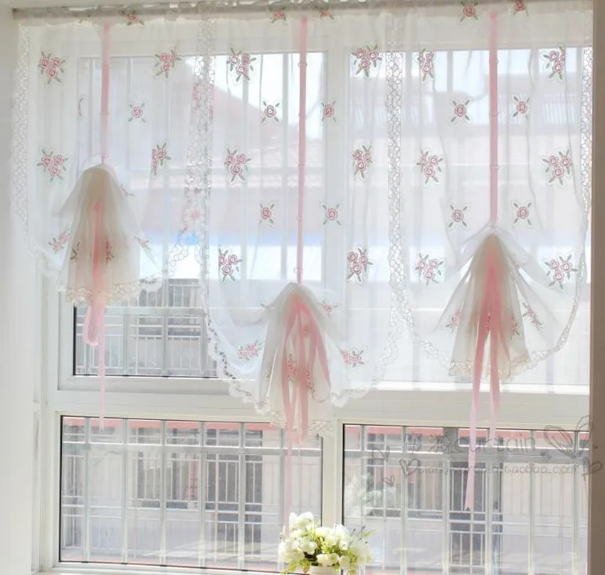 

Pastoal Style Translucidus Multi-color Embroidered Floral Pink Ribbon Roman Curtain Adjustable Height Balloon Curtain 3 Fabric
