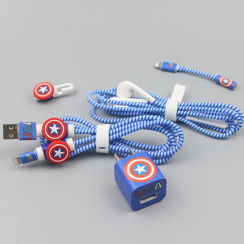 

2018 New USB Cable Earphone Protector Set with Cable Winder Cartoon stickers USB Charger cable cord protector For iphone 6 7 8 X