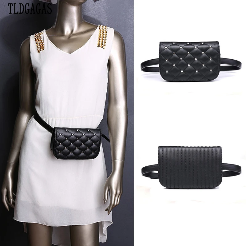 

Bags for women 2019 Rivet Women Waist Pack Pu Leahter Waist Bag Fashion popular Stripe Waist Belt High quality Female Purse T332