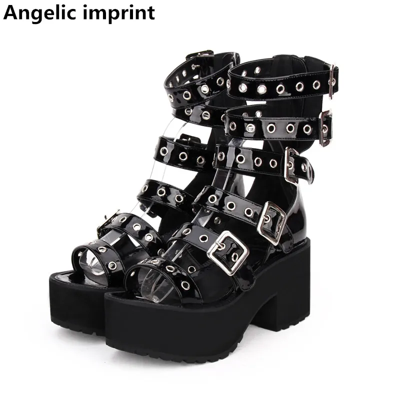 

Angelic imprint mori girl Women punk motorcycle shoe lady lolita ankle Boots woman high trifle heels pumps summer sandals 8cm