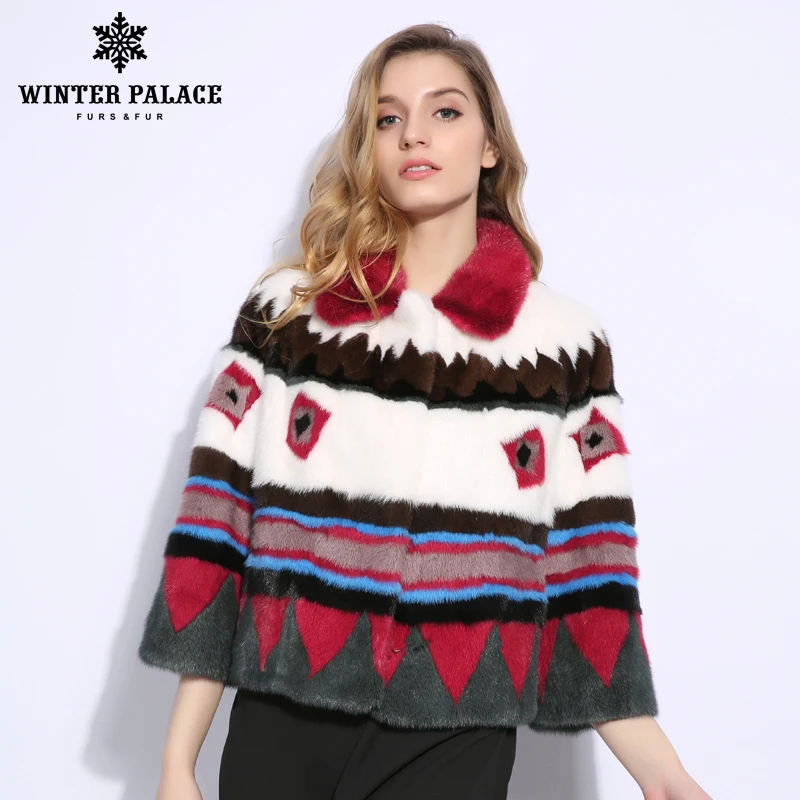 

3D multicolor graphics mink fur coat short real fur mink fur coat winter Fashion mink coats women