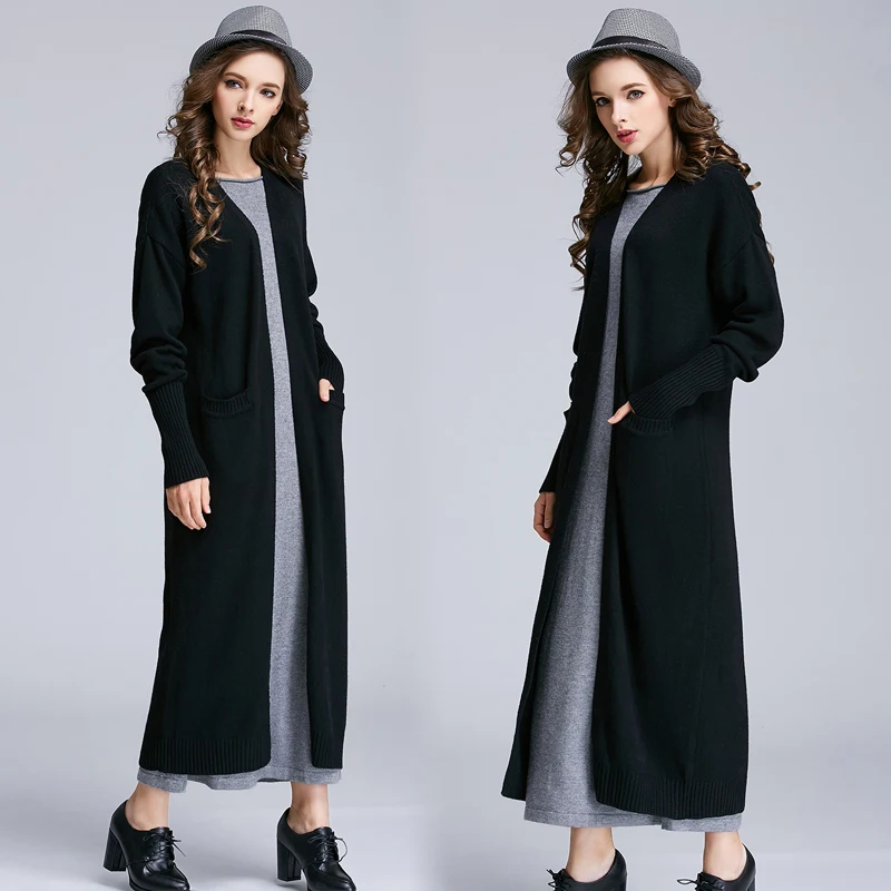 

2016 new spring long paragraph wool knit knee long sleeved coat color all-match Korean tide