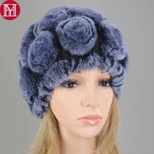 Опт и розница для девочек Настоящий мех кролика шапка s цветы Зимние шапки Skullies шапка вязаный натуральный мех кролик шапочка Женская шапка s