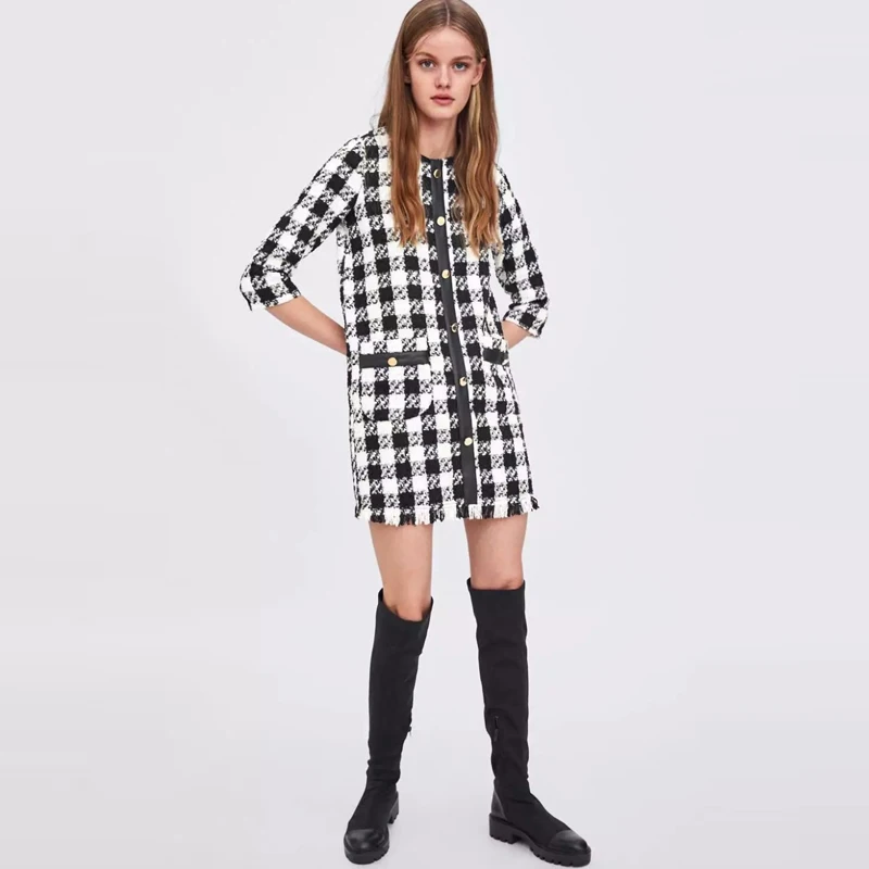

COZARII 2018 vestidos feminina dress england style plaid houndstooth pockets button above knee mini dress vestido women