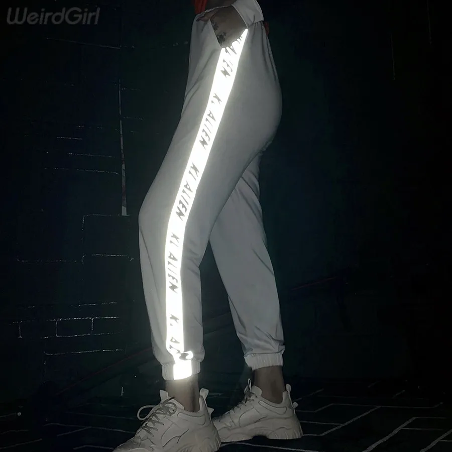Weirdgirl women night reflective striped pants letter print workout high waist bottom female fashion street trousers new 2019 Weirdgirl women night reflective striped pants letter print workout high waist bottom female fashion street trousers new 2019