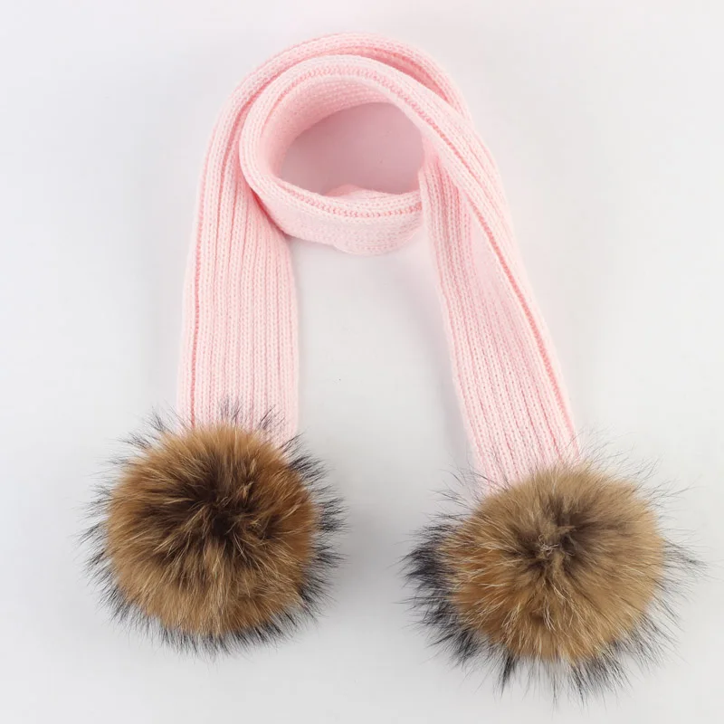 Geebro Kids Knitted Scarf With Double Raccoon Fur Pompom Boys and Girls Cashmere Plain Shawl Wrap Winter Warm Accessories DQ867 - Цвет: Pink A