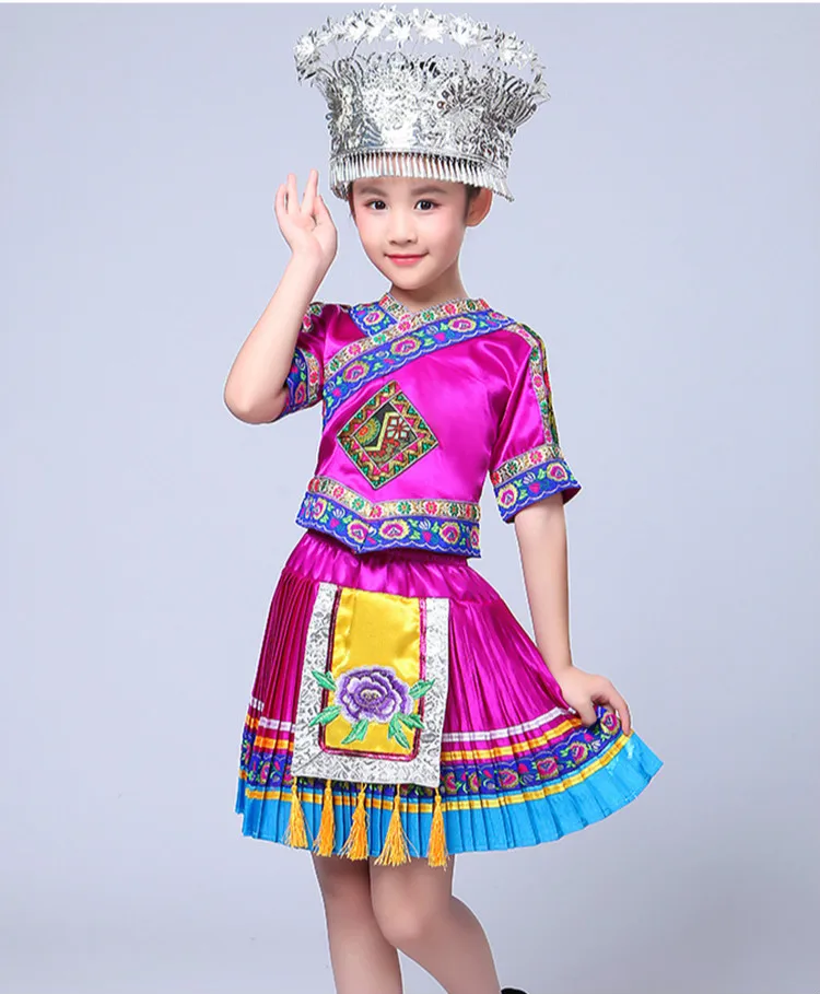 Китайский народный танец костюм детский Hmong китайский национальный танец костюм девушки Miao танцевальный костюм для сценических выступлений