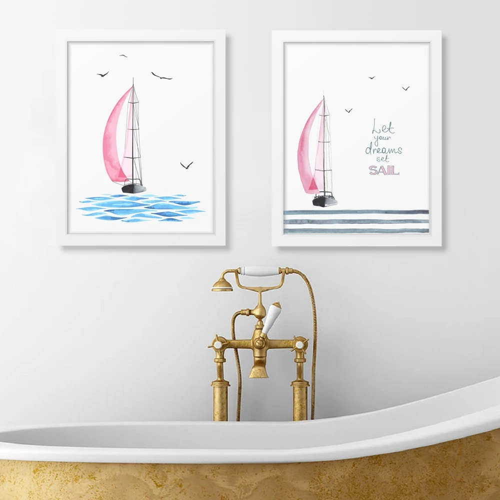 

Watercolor Pink Sailboat With Seagulls Wall Art Print Poster , Dream Set Sail Quote Print Canvas Painting Girl's Room Decoration
