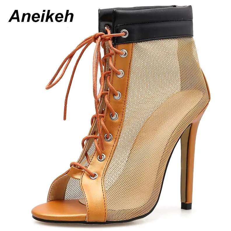 Aneikeh/Новые Модные женские сандалии-гладиаторы до щиколотки из сетчатого материала; полусапожки на высоком каблуке; пикантные модельные туфли на шнуровке с открытым носком - Цвет: brown