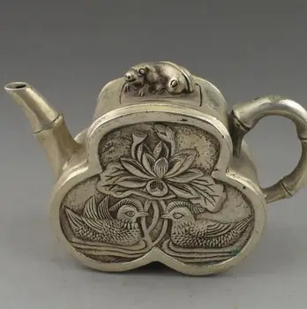 

Collectible archaize white copper Lotus Mandarin duck teapot