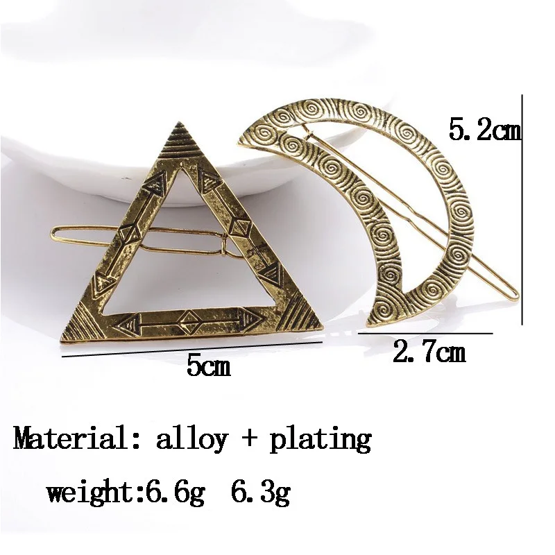 Винтажные геометрические заколки для волос из сплава с рисунком Луны и треугольника для девушек, женские заколки, аксессуары для волос