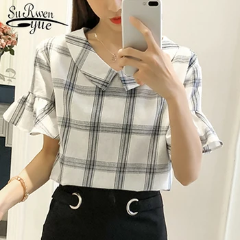 

new fashion sweet lady short sleeved blouses 2018 plaid women tops peter pan collar women clothing summer casual shirts 0426 40