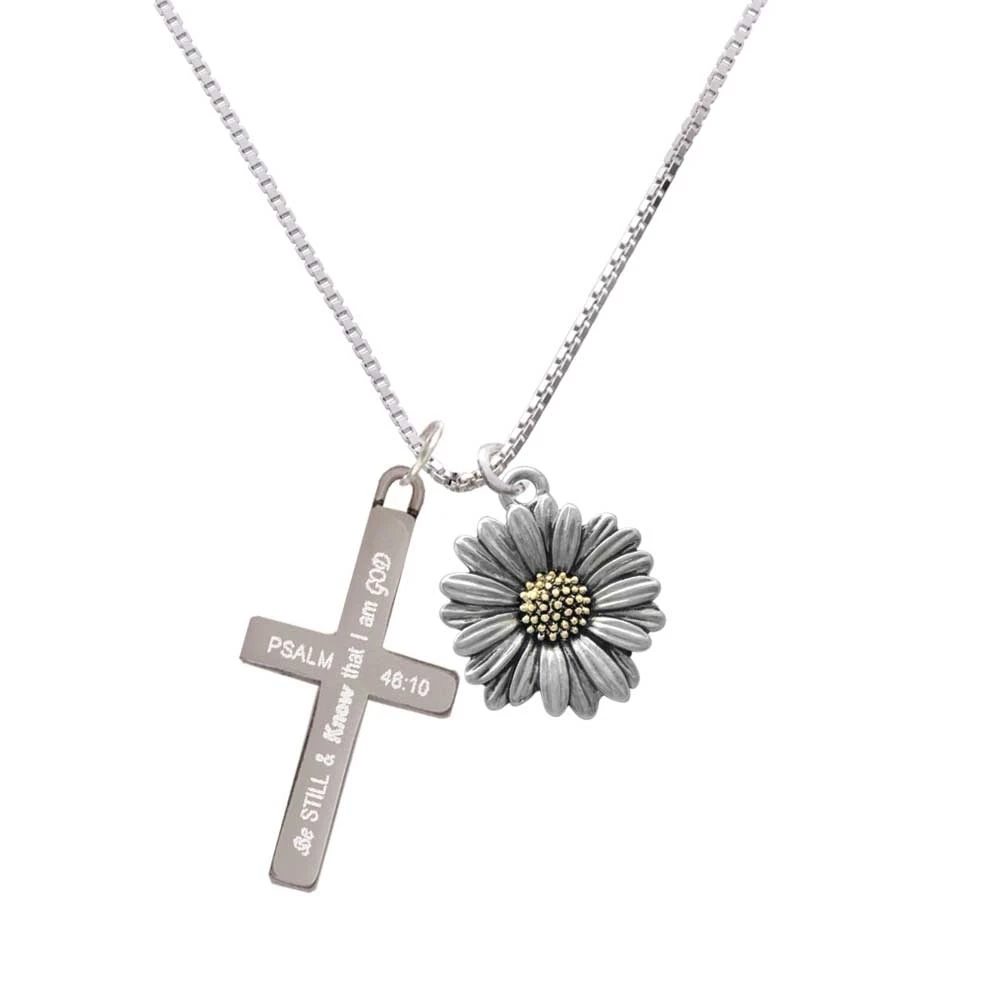 Large Two Tone Daisy Flower - Be Still and Know - Cross Necklace