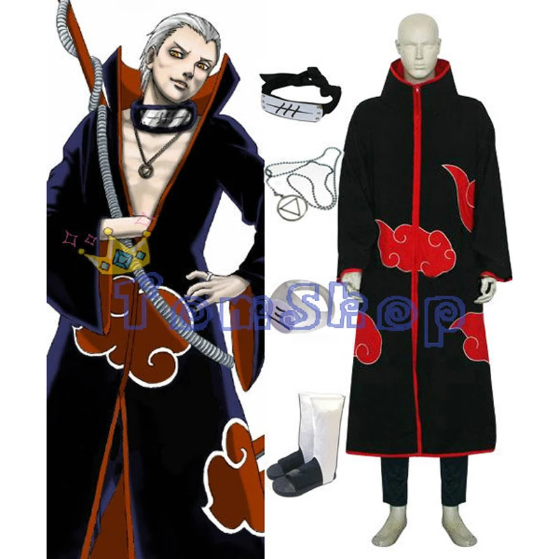 

Anime Naruto Akatsuki Hidan Cosplay Costume 5 in 1 Combo Set (Cloak + Headband + Ninja Shoes + Necklace + Ring) Free Shipping