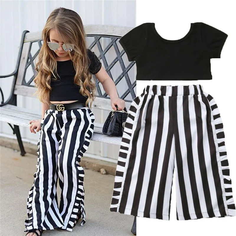 

arrival Ladies Kids Baby Girls Clothes Summer 2Pcs Outfit Solid Black T-shirt Tops and Striped Long Pant Loose Casual Streetwear